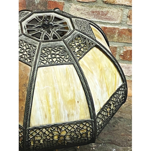 1231 - A large four light Art Nouveau table lamp with large faceted glass shade with pierced metal mounts u... 