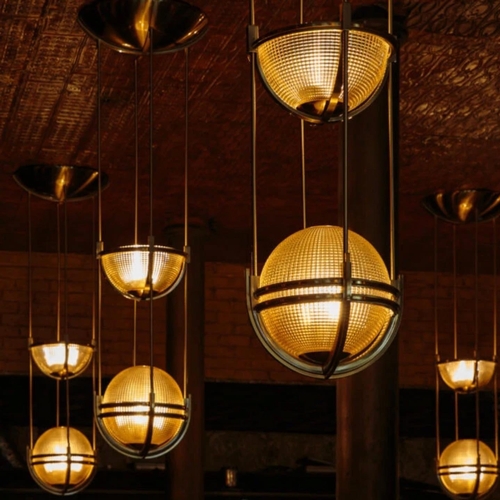 1232 - Pair of white metal, brass, Holophane glass Art Deco style lights made for a bar in central London, ... 