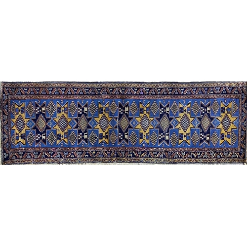 1265 - Good quality country house runner, blue and gold medallions, blue ground, 365 x 95cm