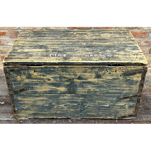 1464 - Vintage scrubbed pine military trunk with twin iron handles and strap work, inscribed MAGJ.F.Warren,... 