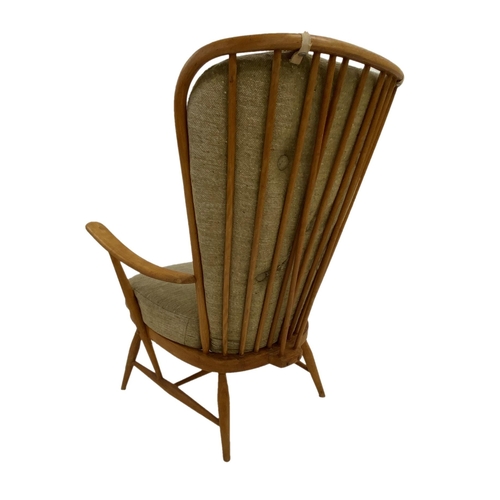 1329 - Ercol light elm Windsor lounge chair, with typical stick back and tweed type upholstery