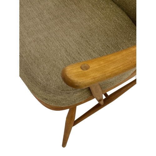 1329 - Ercol light elm Windsor lounge chair, with typical stick back and tweed type upholstery