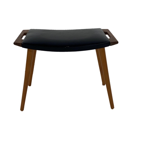 1332 - Hans Wegner style 'Papa Bear; teak twin handled footstool with black vinyl upholstery, 40cm high x 5... 