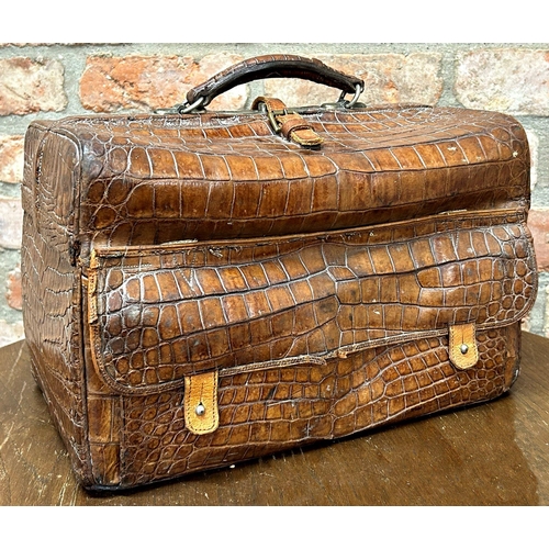 185 - Good quality crocodile leather Gladstone vanity bag / case, fitted with silver cast silver topped gl... 