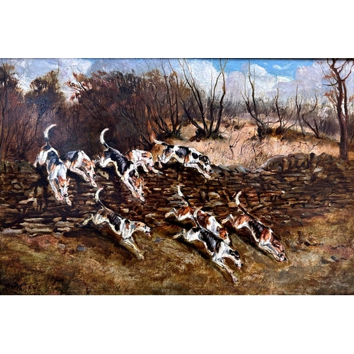 1514 - John Alfred Wheeler (1821-1903) - Foxhounds on the prowl, signed, oil on board, 30 x 45cm, good gilt... 