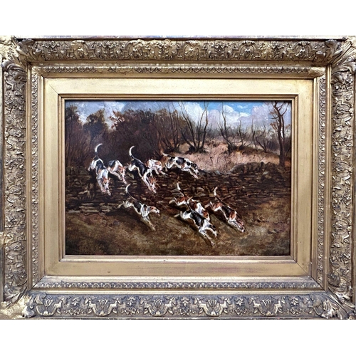 1514 - John Alfred Wheeler (1821-1903) - Foxhounds on the prowl, signed, oil on board, 30 x 45cm, good gilt... 