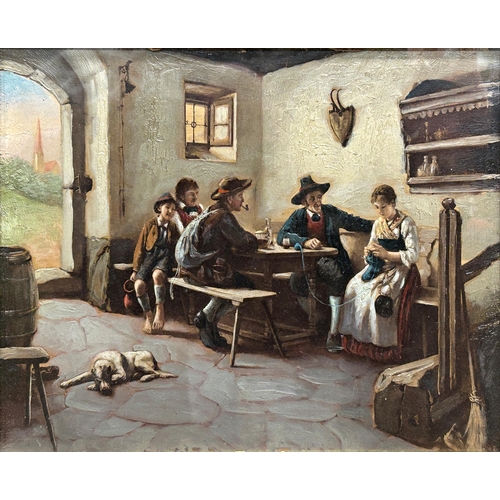 1521 - 19th century Austrian school - Interior tavern scene, unsigned, oil on panel, 20 x 25cm, giltwood fr... 