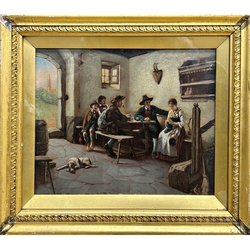 1521 - 19th century Austrian school - Interior tavern scene, unsigned, oil on panel, 20 x 25cm, giltwood fr... 