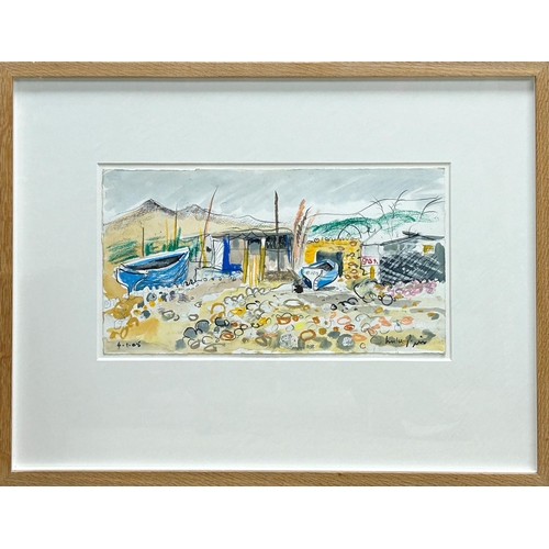 1359 - Luke Piper (born 1966) - boats on a pebble beach, signed and dated '05, mixed media on paper, 19x 38... 