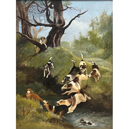 1528 - Alfred Duke (1836 - 1915) - Foxhounds chasing a fox through a stream, signed, oil on canvas, 45 x 34... 