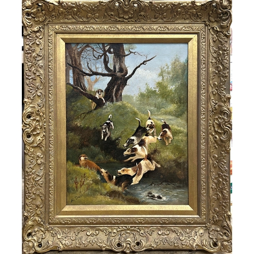 1528 - Alfred Duke (1836 - 1915) - Foxhounds chasing a fox through a stream, signed, oil on canvas, 45 x 34... 