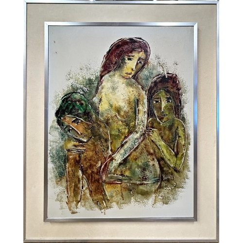 1368 - Tom Burnett (born 1958) - three figures, signed, acrylic on canvas, 65 x 49cm , framed