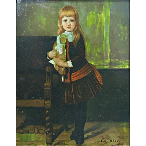 1536 - 20th century school - portrait of a standing girl holding a doll, indistinctly signed, oil on board,... 