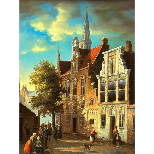 1538 - G* Schroter (20th century) - Flemish townscape with figures, signed, oil on board, 39 x 29cm, framed