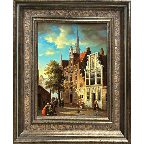 1538 - G* Schroter (20th century) - Flemish townscape with figures, signed, oil on board, 39 x 29cm, framed