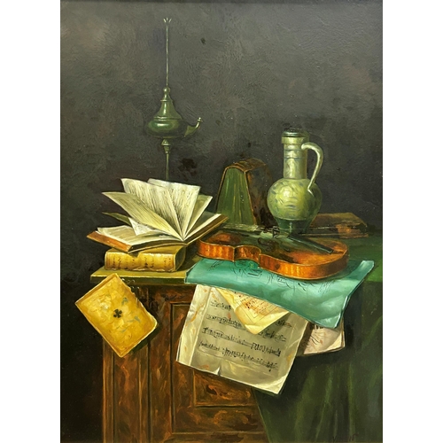 1547 - V* Hove (20th century) - still life of book, violin lamp etc, signed, oil on panel, 39 x 29cm, giltw... 