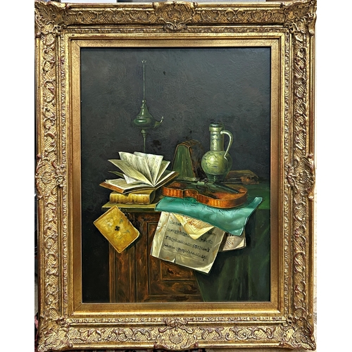 1547 - V* Hove (20th century) - still life of book, violin lamp etc, signed, oil on panel, 39 x 29cm, giltw... 