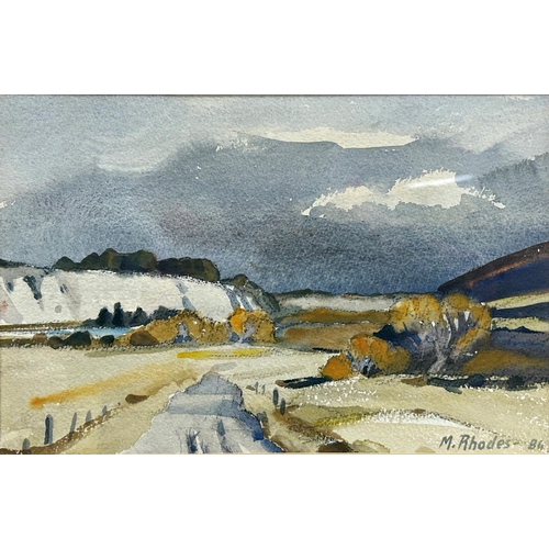 1549 - Margaret Rhodes (20th century) - New Zealand landscape, signed and dated '84, 20 x 31cm, framed