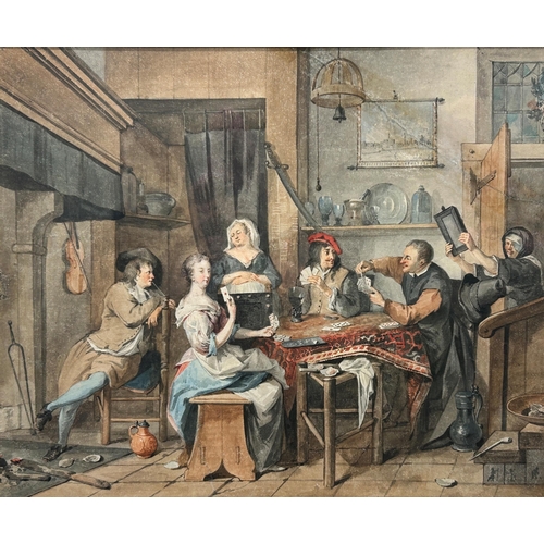 1550 - 18th century Dutch school - Interior scene of a rigged game of cards, unsigned, watercolour, 22 x 27... 