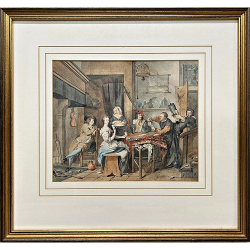 1550 - 18th century Dutch school - Interior scene of a rigged game of cards, unsigned, watercolour, 22 x 27... 