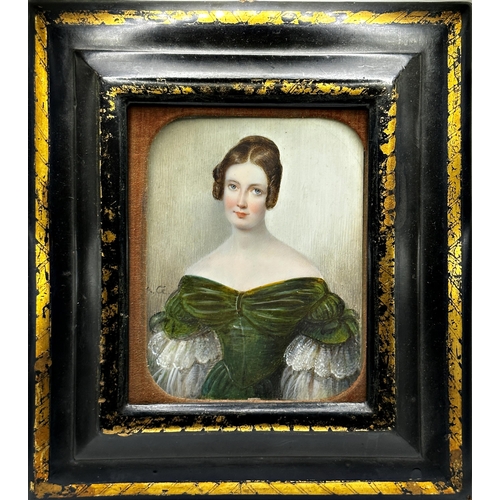 1512 - 19th century school - half length portrait of a lady in elegant green dress, monogrammed AC, miniatu... 