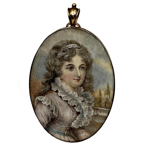 1501 - 19th century school - portrait of a young lady in a ruffled dress, work on ivory, in oval gold frame... 