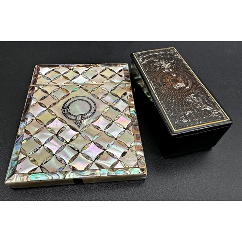 1121 - 19th century mother of pearl and abalone shell card case, 10.5cm high with a further Victorian lacqu... 