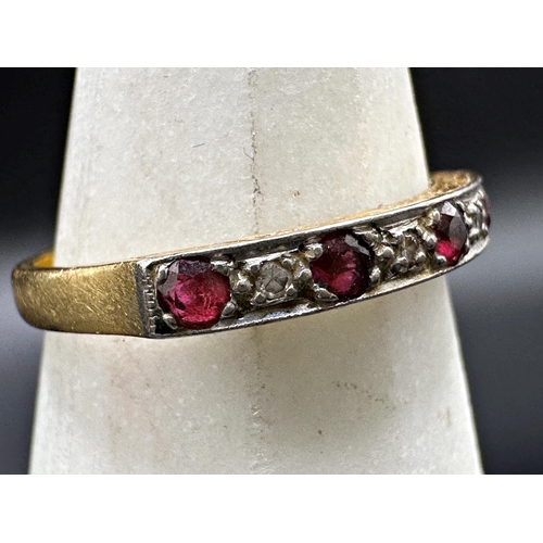 310 - 18ct half hoop diamond and ruby ring, size T, 3.9g