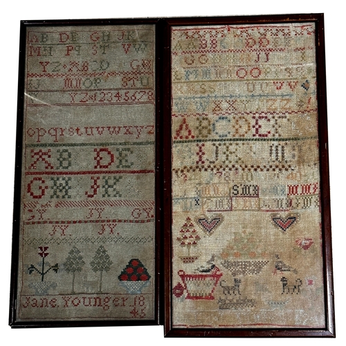 1257 - Victorian needlework sampler by Jane Younger, 42 x 19cm together with an earlier sampler with hearts... 