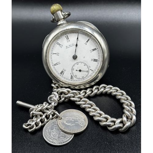 367 - American Watch Company Waltham goliath pocket watch, 60mm case, enamel dial with Roman and Arabic nu... 