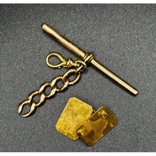 317 - 9ct T-bar and part chain with a single 9ct cufflink, 8.4g