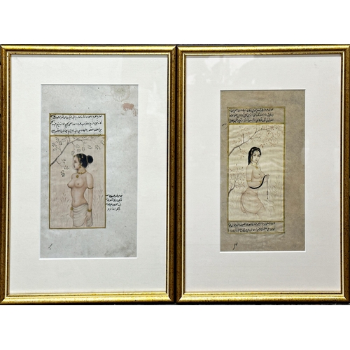 1556 - Moghul school - pair of female nude portraits with gilt highlights and inscriptions, inscribed verso... 