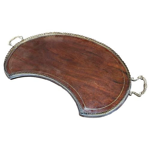 1112 - 19th century rosewood and brass inlaid kidney shaped twin handled gallery tray, 76.5cm long