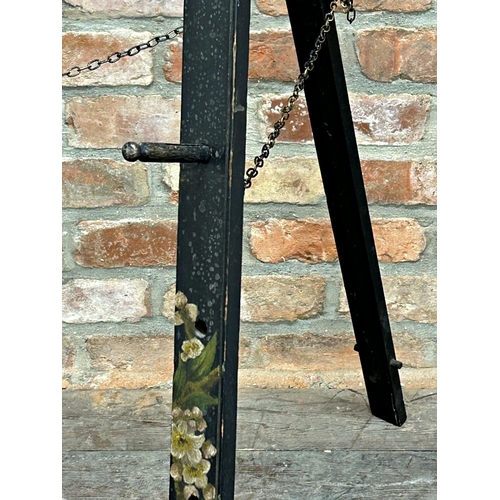 1434 - Good quality Victorian decorative ebonised picture easel, hand painted with floral blossom, 182cm hi... 