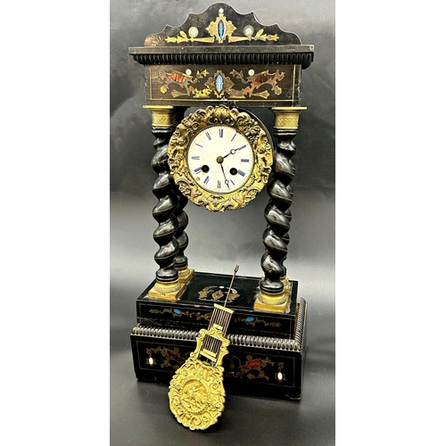 387 - 19th century Leroy of Paris boulle work ebonised portico clock, 9.5cm enamel dial, on barley twist s... 