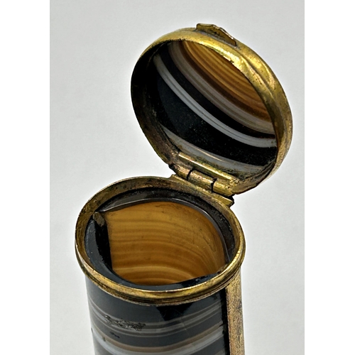 417 - Good 19th century agate and gilt metal vesta case, with incised grid striker to base, 7cm high