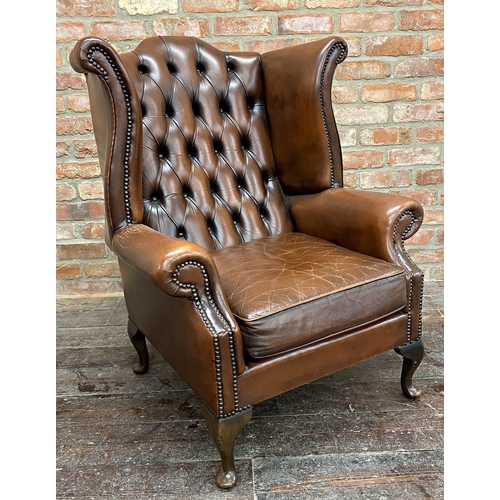 1397 - Georgian style brown leather Chesterfield wingback lounge chair with studded upholstery on cabriole ... 