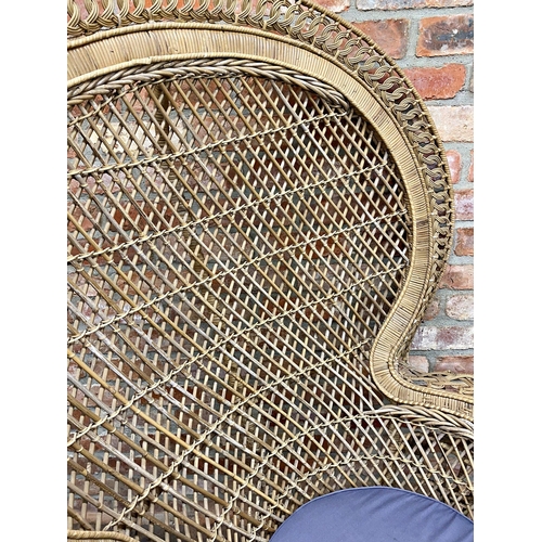 1293 - Large vintage wicker and rattan peacock chair, 148cm high x 111cm wide