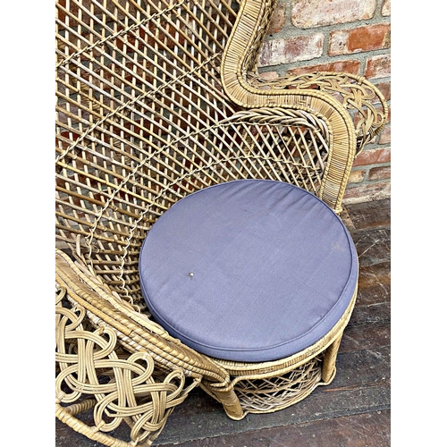 1293 - Large vintage wicker and rattan peacock chair, 148cm high x 111cm wide