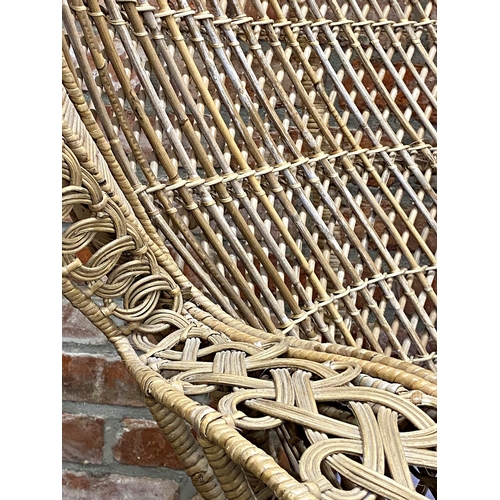 1293 - Large vintage wicker and rattan peacock chair, 148cm high x 111cm wide