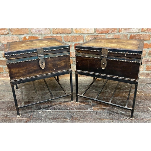 1297 - Good quality pair of Brutalist style bedside chests with studded decoration and iron framework with ... 