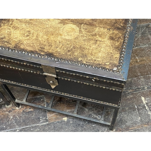 1297 - Good quality pair of Brutalist style bedside chests with studded decoration and iron framework with ... 