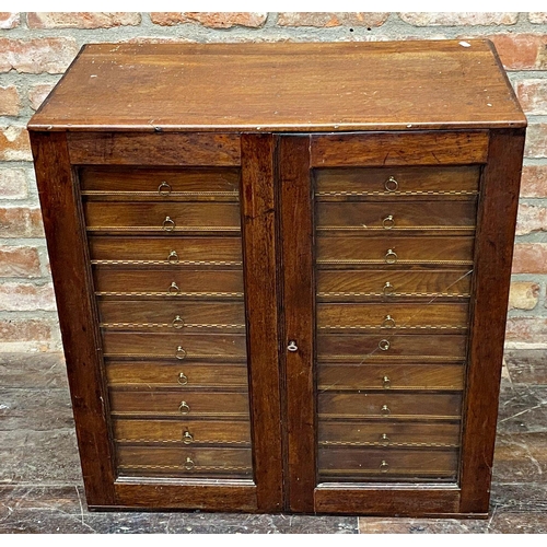 1405 - Late 19th century mahogany glazed specimen cabinet, the twin doors enclosing twenty-four parquetry d... 