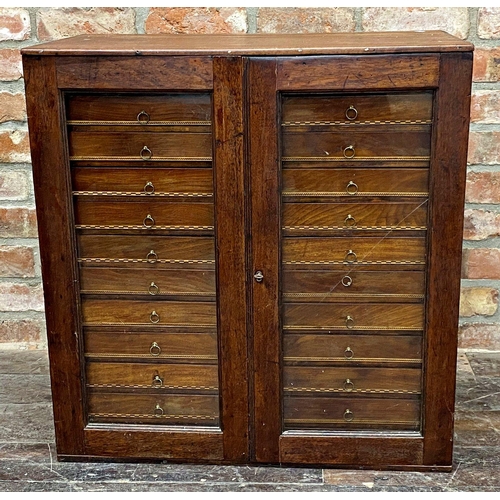 1405 - Late 19th century mahogany glazed specimen cabinet, the twin doors enclosing twenty-four parquetry d... 