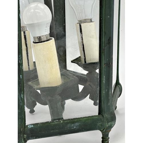 1228 - Good quality Mod Dep Lamp Art patinated bronze framed hexagonal glass hall lantern, 65cm high not in... 