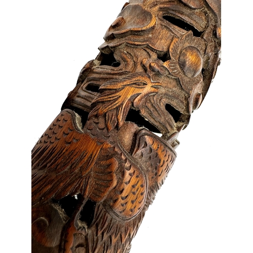 1072 - Chinese bamboo incense holder, carved with a dragon and griffin, 30cm high