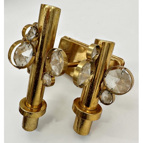 1237 - Pair of three branch and set of three two branch 1950s gilt wall lights fitted prismatic drops (5)