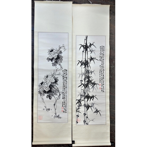 1081 - Four cased Chinese scroll pictures with various calligraphy and seal marks, each image 100cm x 33cm ... 