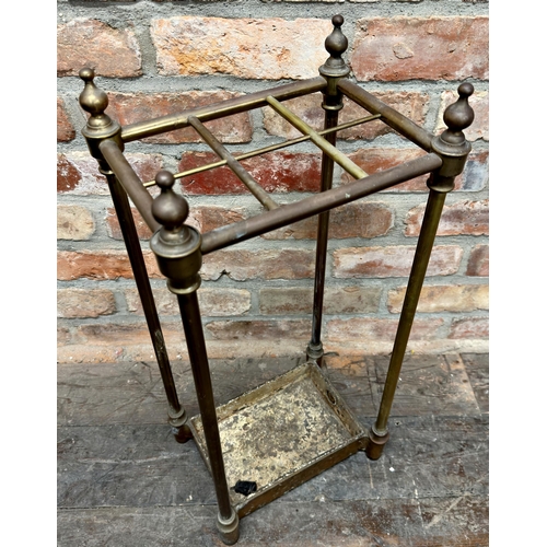 1473 - Victorian brass and cast iron six divisional stick stand, 64cm high x 30cm wide x 25cm deep