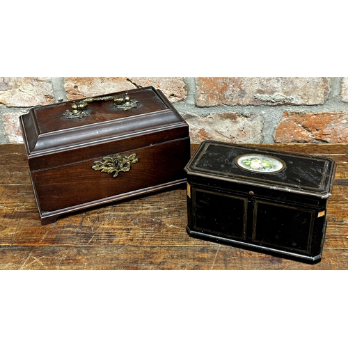 1157 - Georgian mahogany tea caddy with gilt brass handle and escutcheon, converted to a jewellery casket, ... 